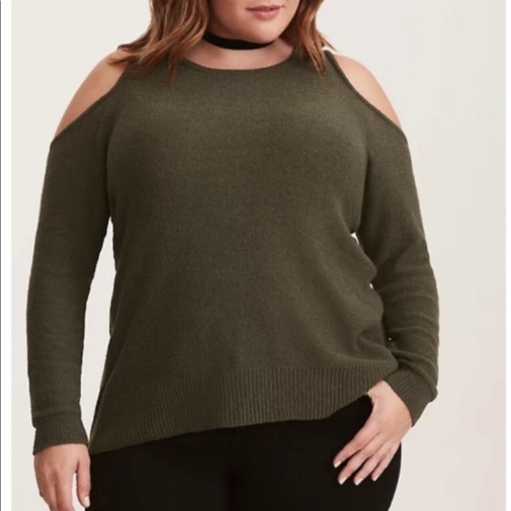 KNIT COLD SHOULDER LACE UP BACK SWEATER